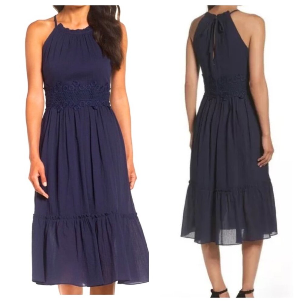 Eliza J Halter Midi Dress Women 4 Blue Gauze Floral Crochet Tiered Empire Waist